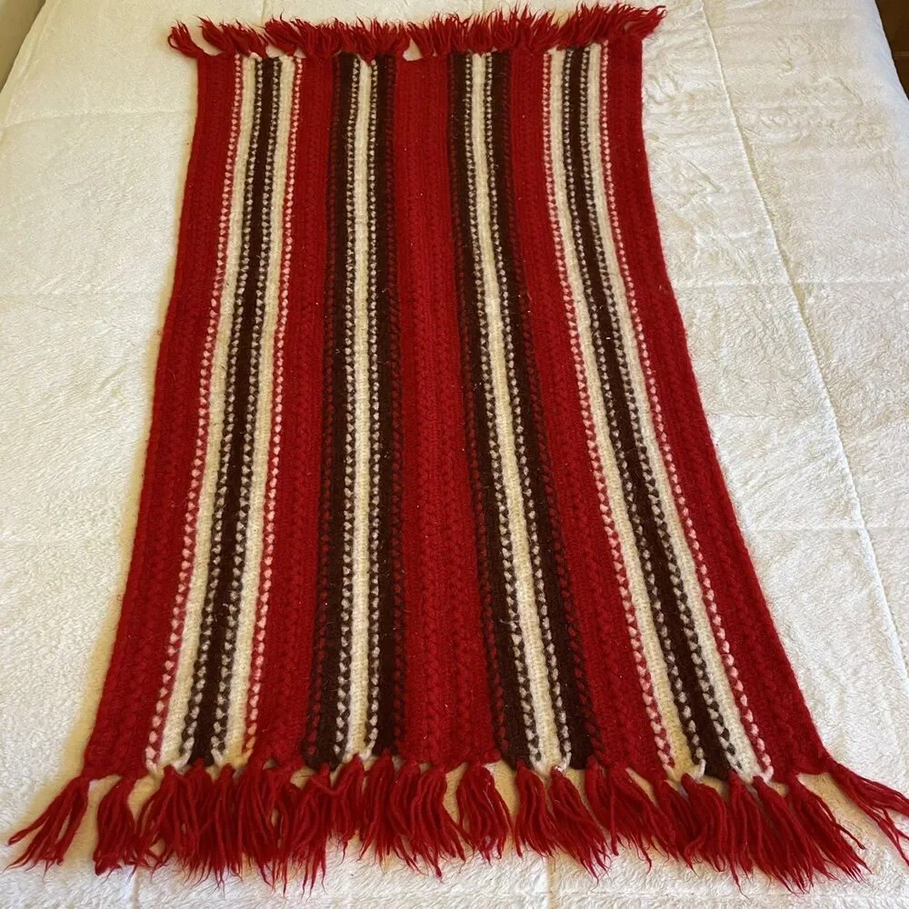 Vintage Felted Wool Afghan Throw Thick Heavy Red Brown White Fringe 47x26